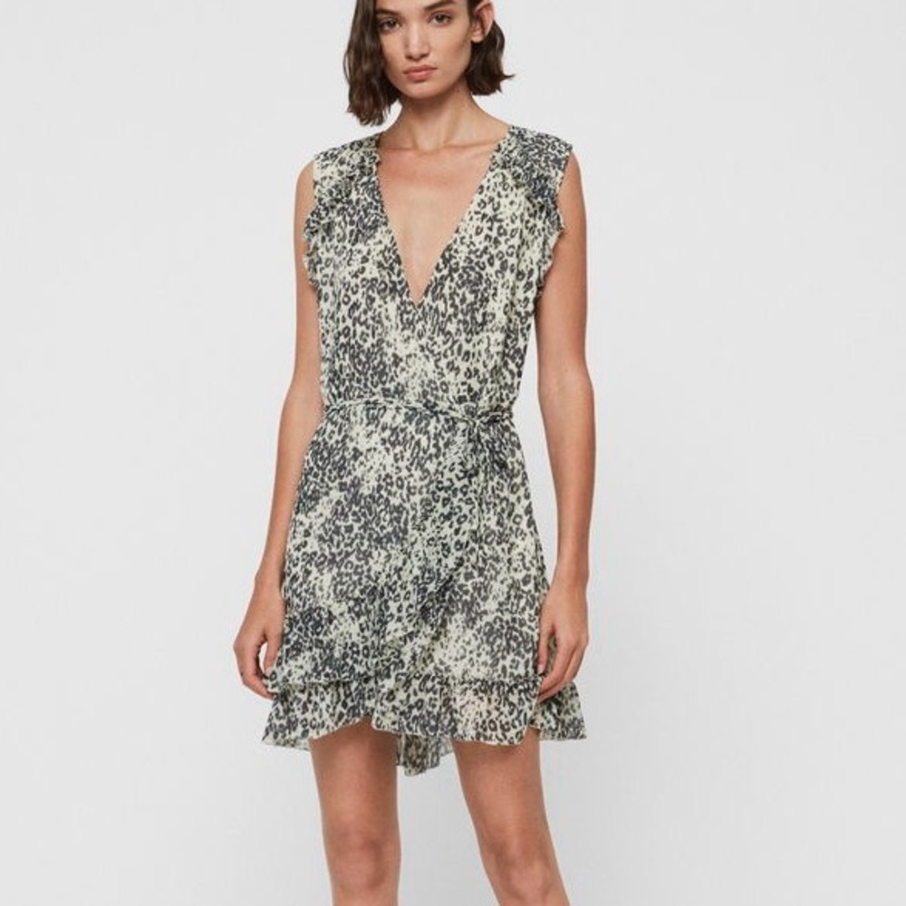 All Saints Priya patch leopard print wrap dress, small